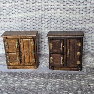 Set of 2 Vintage Dollhouse Wooden Iceboxes - 1:12 Scale - 3.5" Tall - Brass Trim